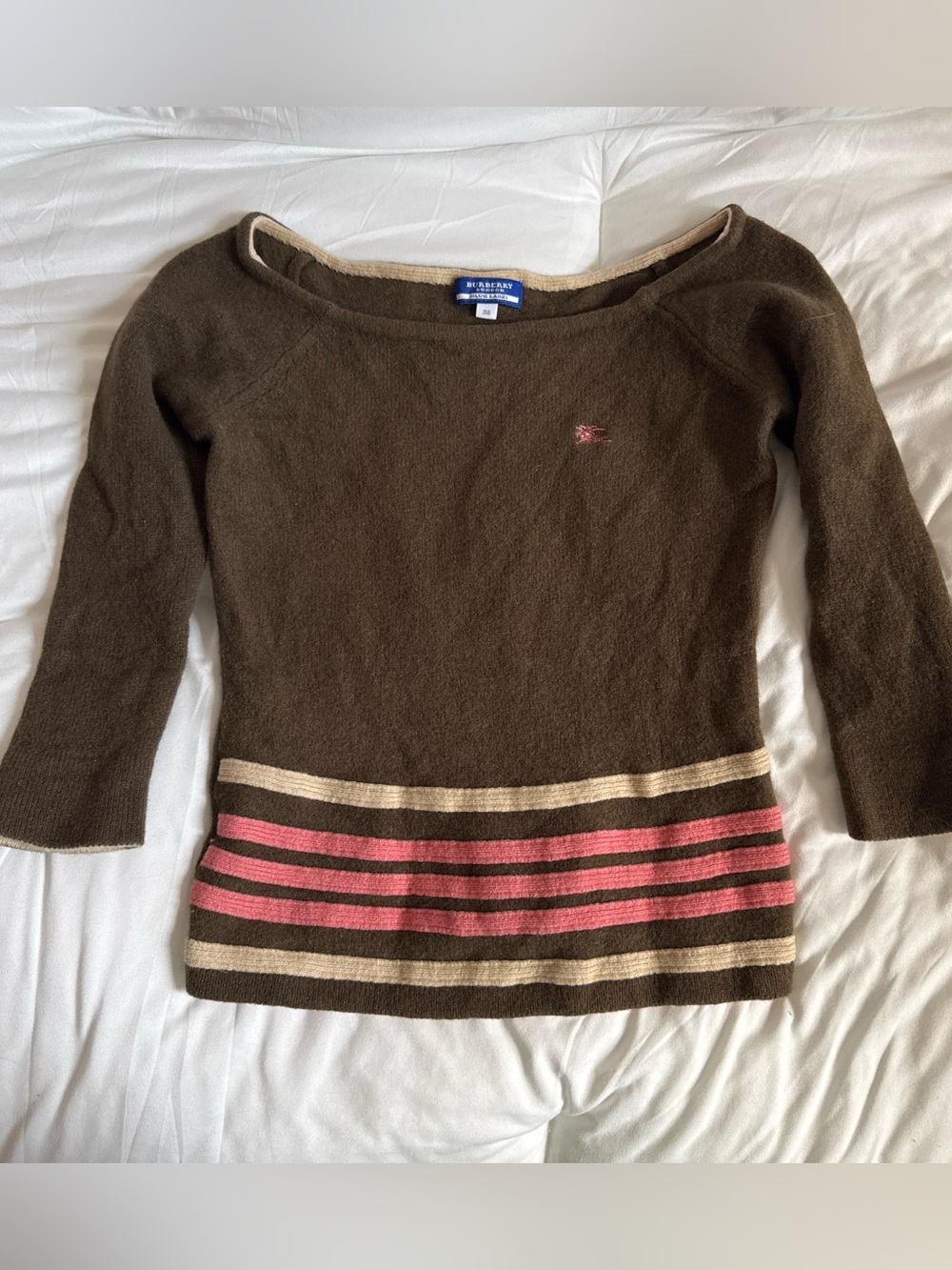 Rare Burberry Blue Label Knit Cashmere Blend Sweater with Pink and Cream Stripes